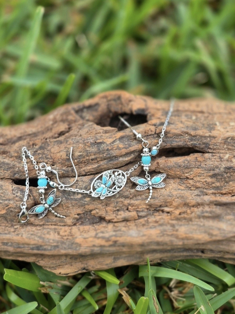 Faux Turquoise Dragonfly Silver Bracelet and Earrings Set